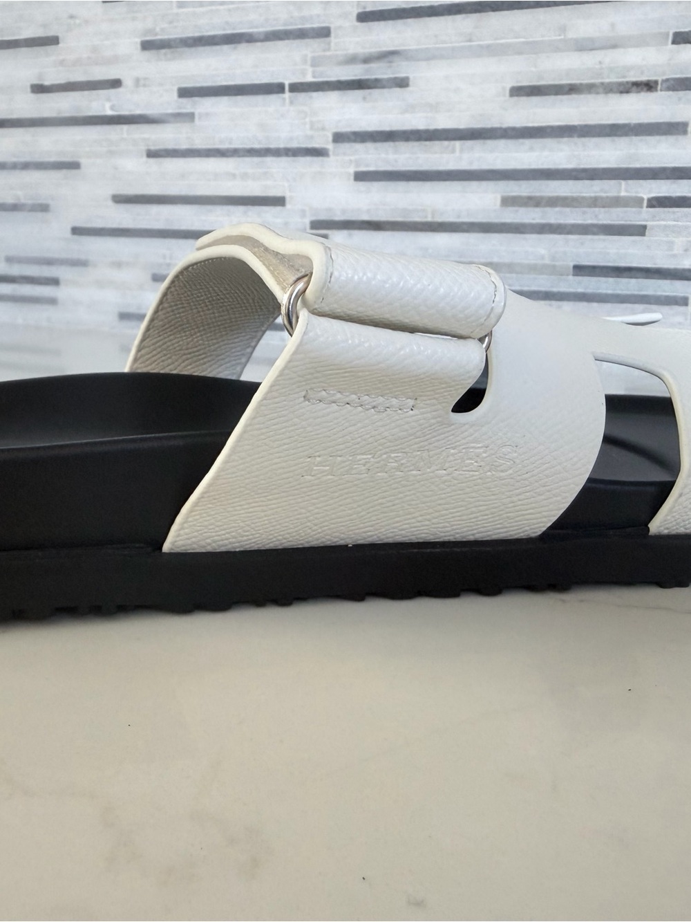 Hermes white Cutout Strap Slide Sandals - Black Footbed size 6 - Picture 11 of 12